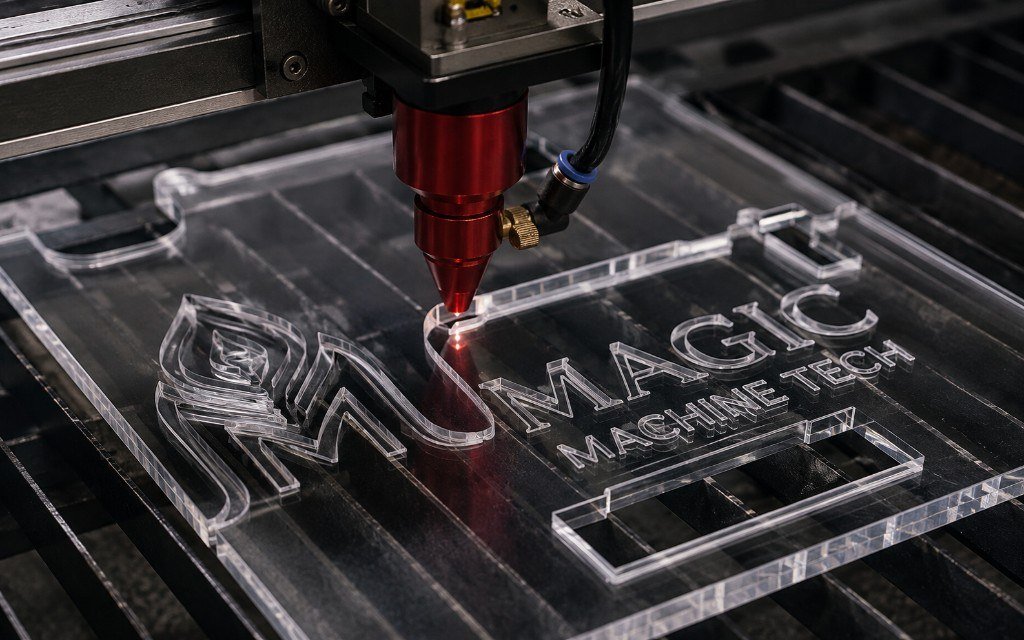 CO2 laser head cutting MAGIC artwork in clear acrylic on a slatted bed