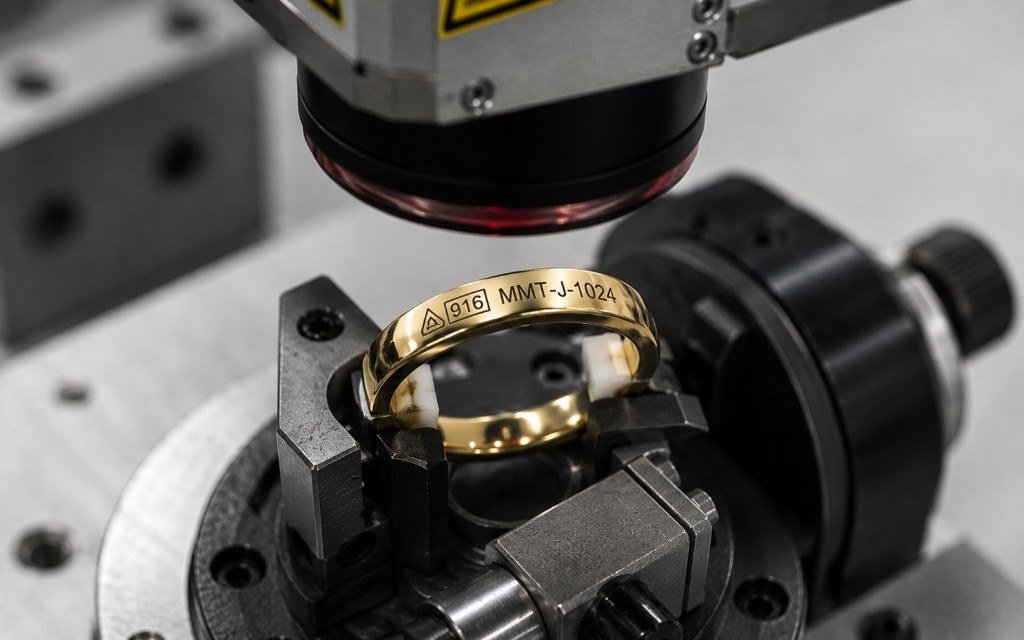 Gold ring in a fixture with 916 hallmark and serial under a marking head