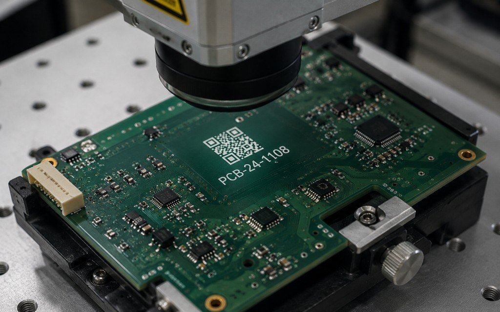 UV mark: QR and serial on a green PCB under a marking head