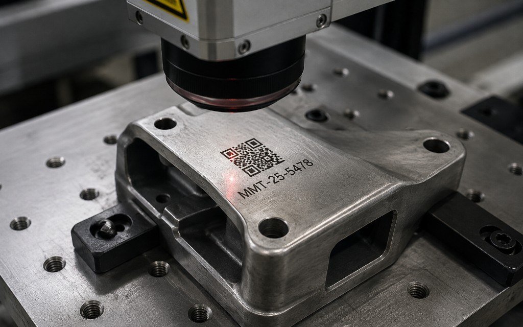Laser head marking a 2D code into a metal block