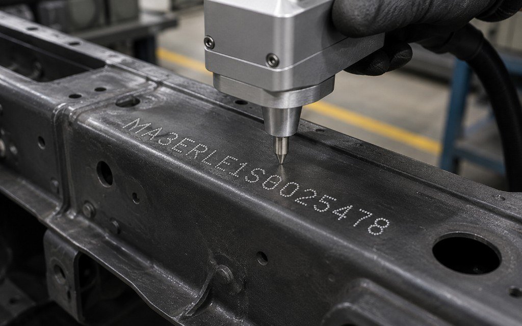 Handheld dot peen VIN stamped into a chassis rail