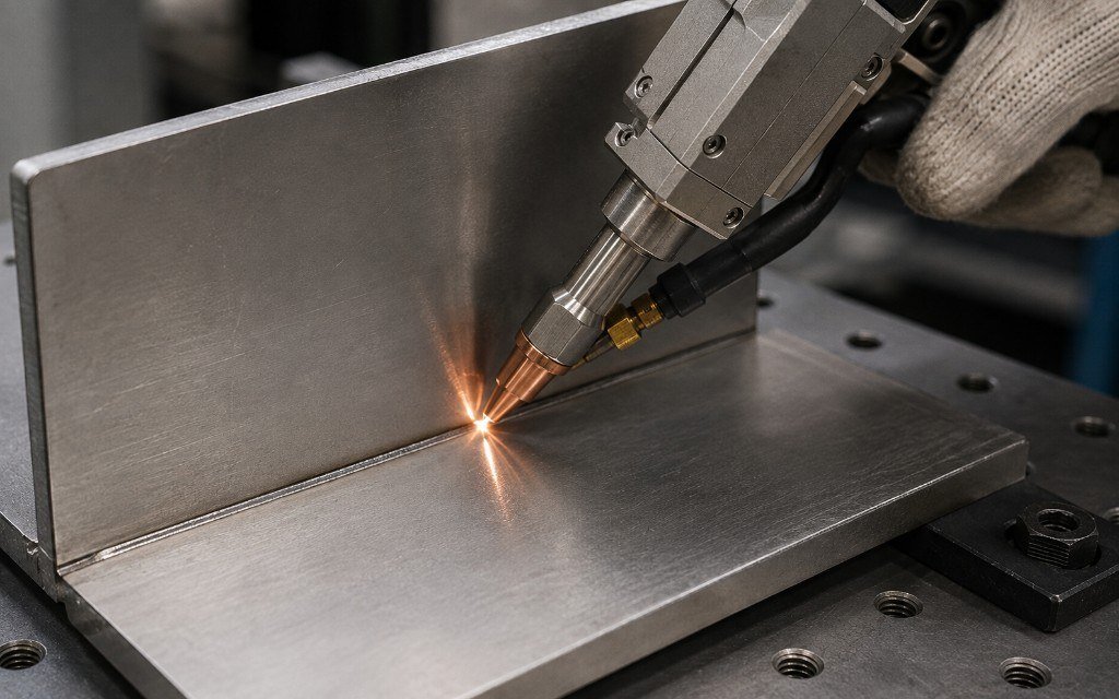 Handheld fiber laser welding a fillet joint on sheet steel