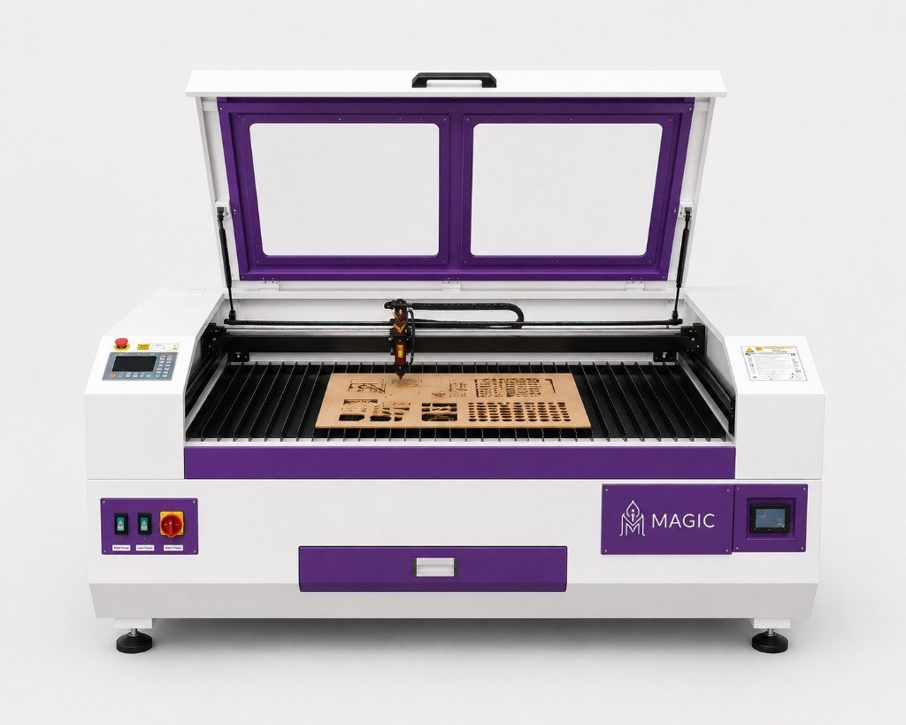 CO2 laser cutting bed with lid open, gantry and sheet on the slats