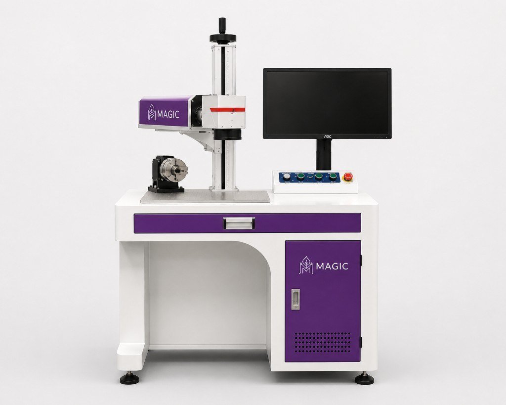 Desktop fiber laser marking workstation with rotary and MAGIC branding