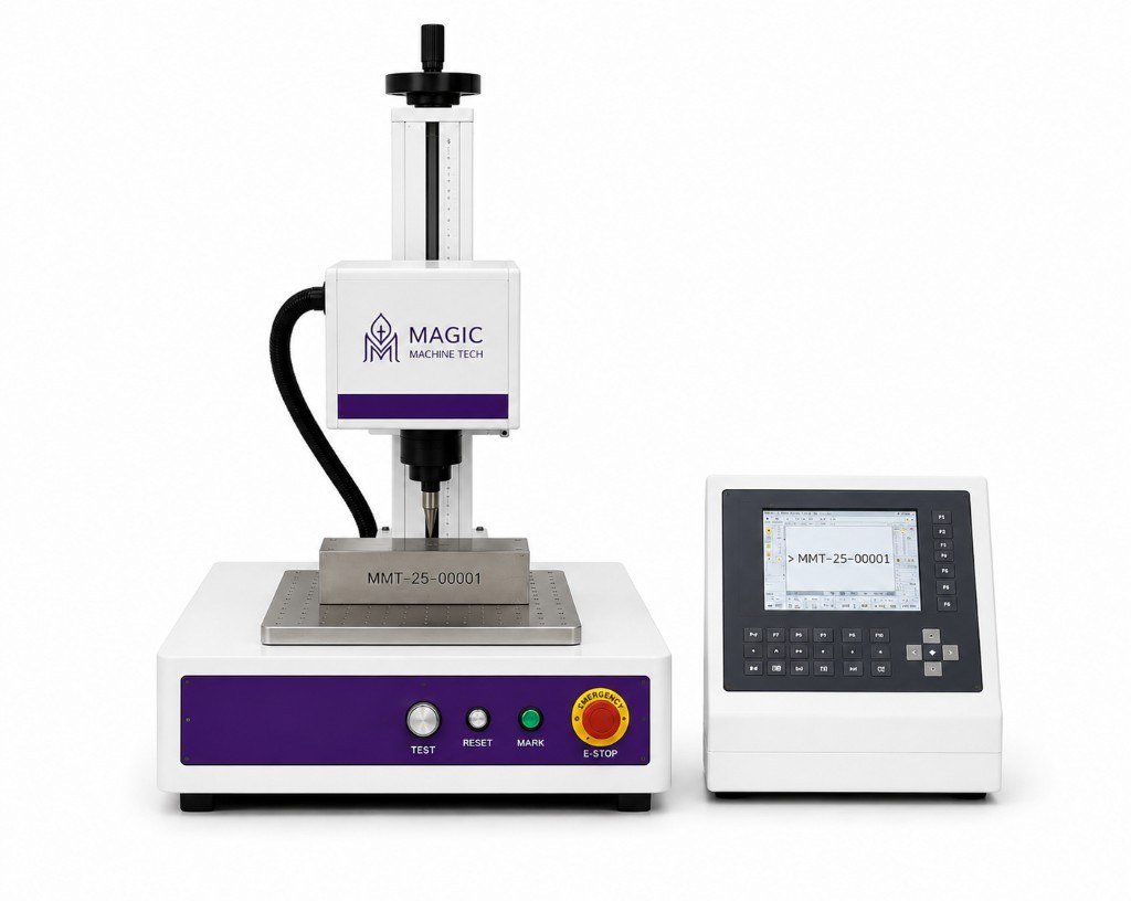 Benchtop dot peen marking machine with stylus on a metal coupon
