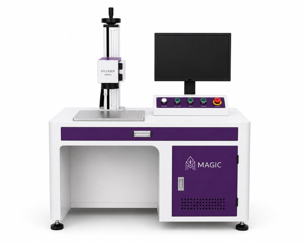 Desktop UV 355 nm marking station with workbed, column and control console