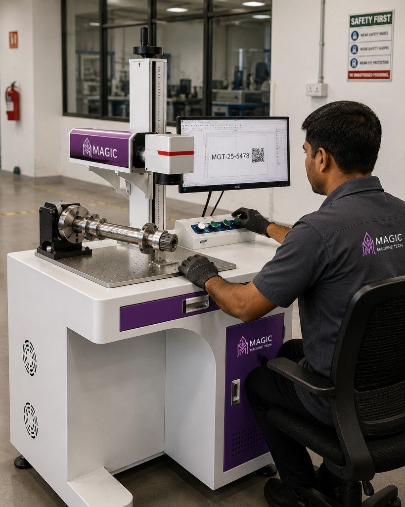 Magic Laser desktop fiber marking workstation with rotary attachment