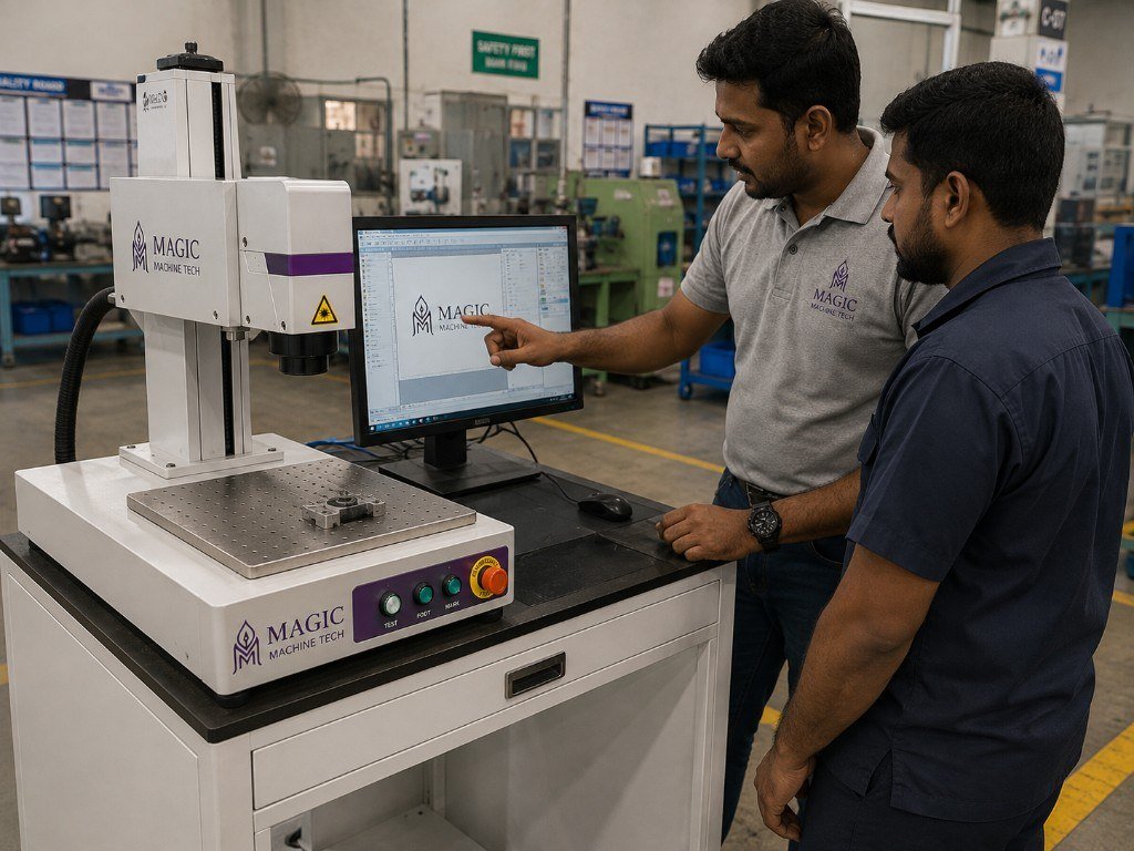 Technician training an operator on an installed MAGIC marking cell