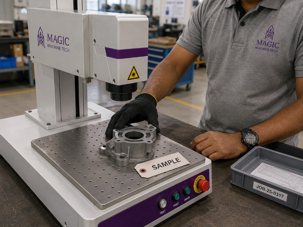 Sample part on a MAGIC marking bed with SAMPLE tag and job tray