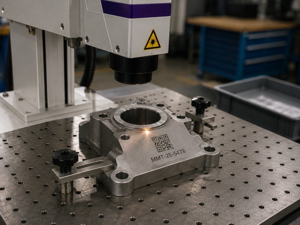 Application test: QR and serial marked on a fixtured metal part