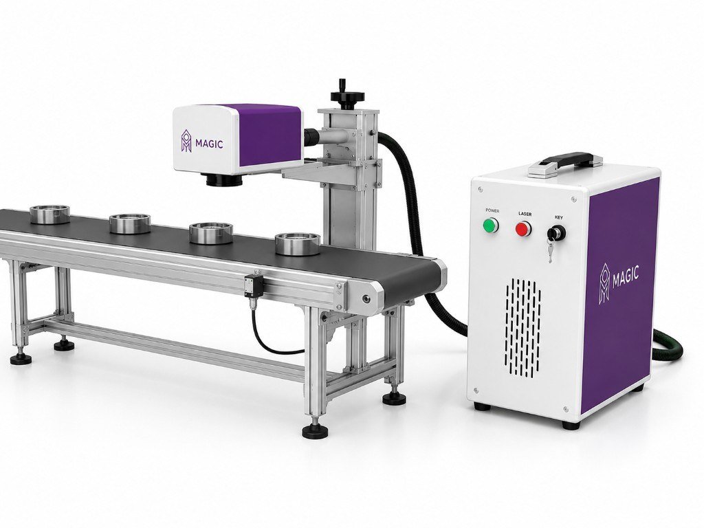 Fly fiber laser marking head over a generic conveyor line