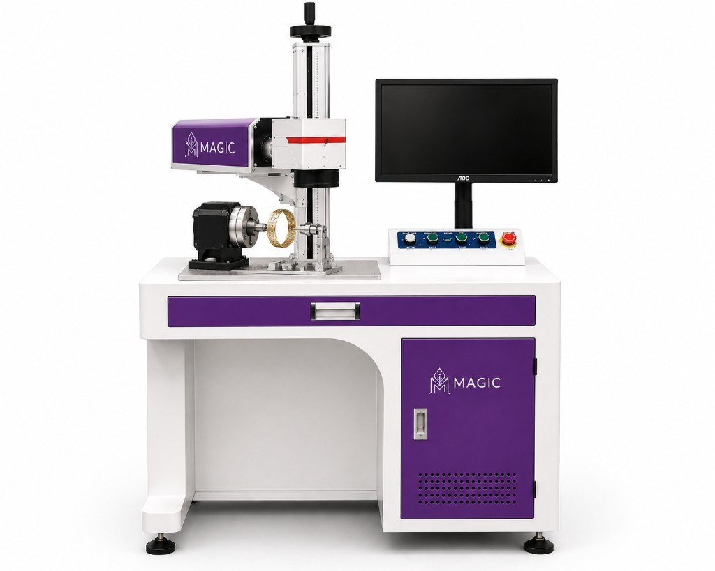 Gold laser marking workstation with rotary holding a ring